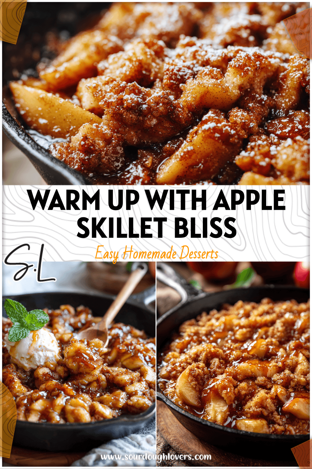 Golden apple fritter skillet dessert baked in a cast iron pan with caramelized apples and crisp topping.